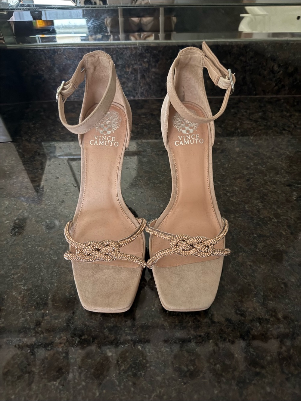Vince Camuto Nude Suede Ankle-Strap Heels with Beaded Knot